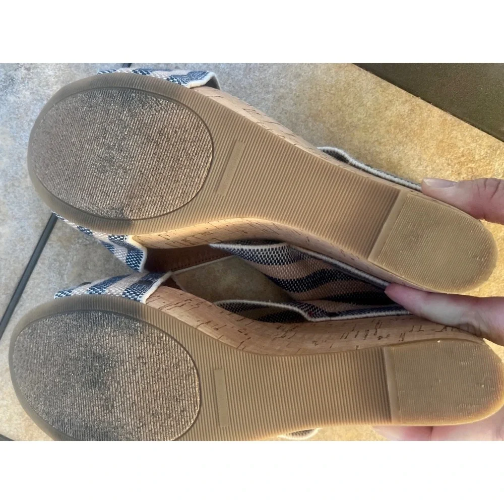 Lucky Brand Womens Striped Elastic Cork Wedge Sandals Navy Tan Studded Slides
